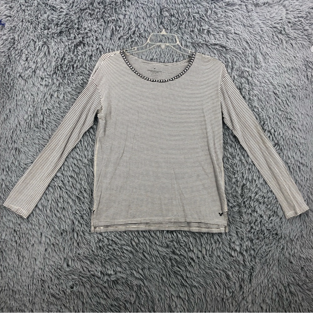 American Eagle Outfitters Shirt Women Large Long Sleeve Striped Braided Neckline